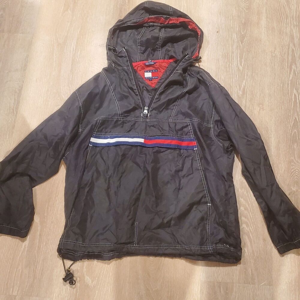 Vintage Tommy Hilfiger Men's Black Nylon Pullover Hoodie Jacket Size Medium